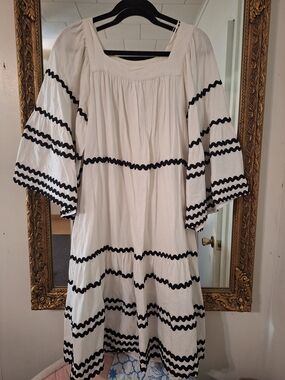 White Boho Tiered Dress with Black Trim